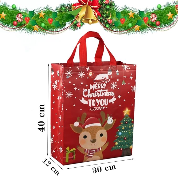 DOJoykey Christmas Bags, 5pcs Red Christmas Tote Bags with Handle Non - woven Fabric Gift Bags Large Size for Xmas Gift Delivering Shopping Party Decoration - Reusable Shopper Bags - British D'sire