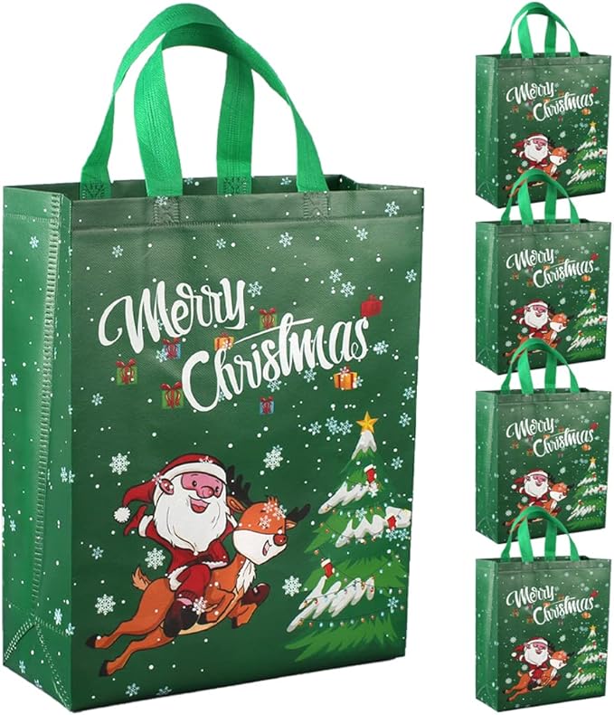 DOJoykey Christmas Bags, 5pcs Red Christmas Tote Bags with Handle Non - woven Fabric Gift Bags Large Size for Xmas Gift Delivering Shopping Party Decoration - Reusable Shopper Bags - British D'sire