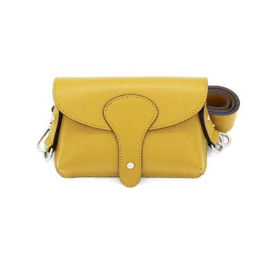 Italian Designer Leather Small Crossbody Wide Strap Bag Carina- Mustard