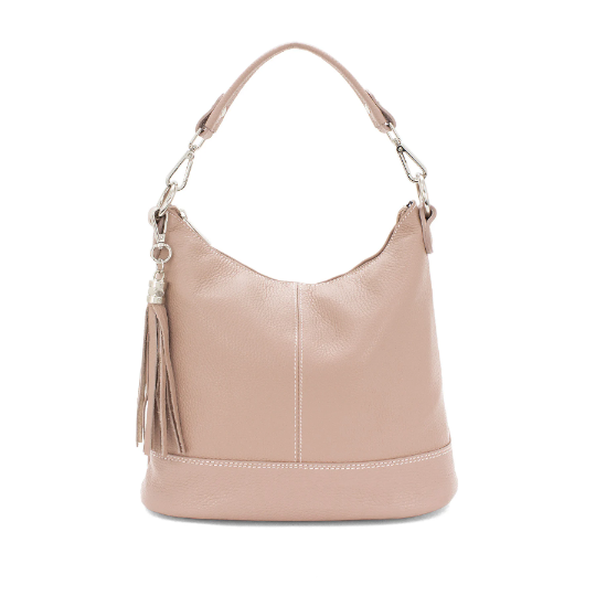 Italian Designer Leather Bucket Bag with Tassel- Swolit Tullio Nude