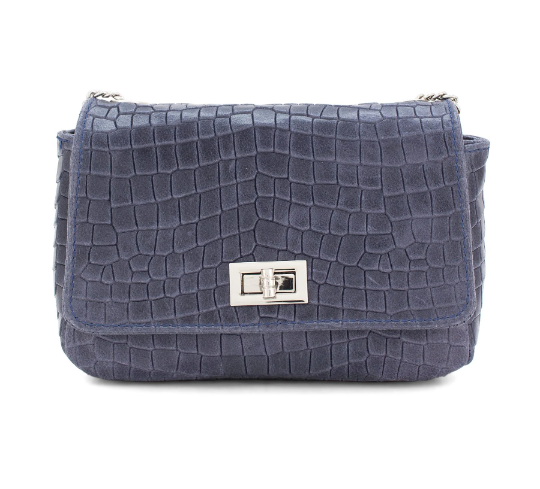 Italian Designer Soft Leather Leather Full Croc Print Crossbody with Twistlock - Swolit Anete Silver Blue