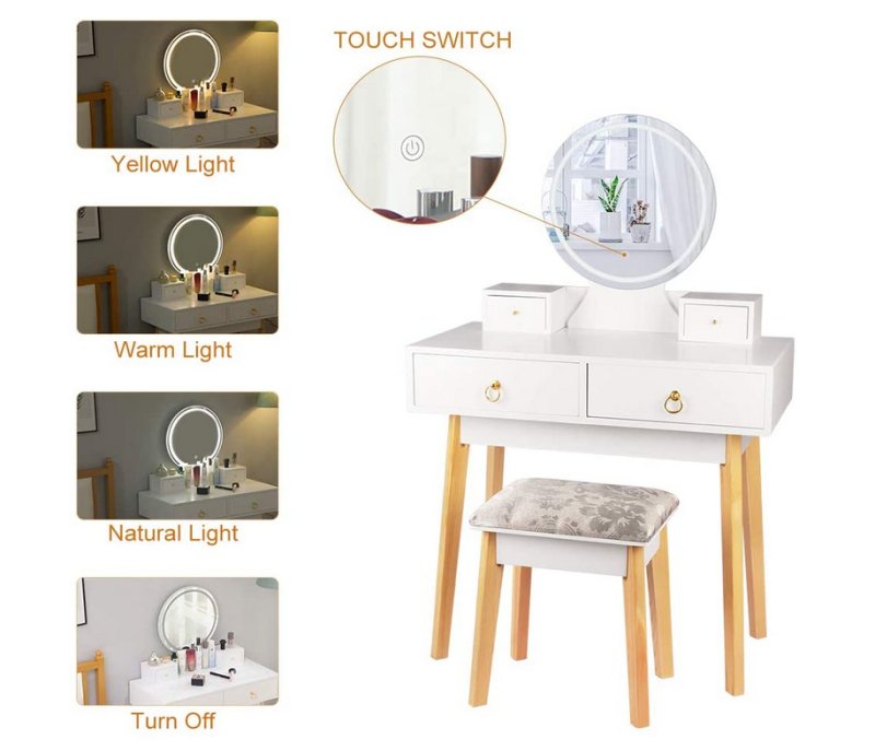 Dressing Table with Mirror LED Light Adjustanble Brightness Makeup Table Stool Set - British D'sire