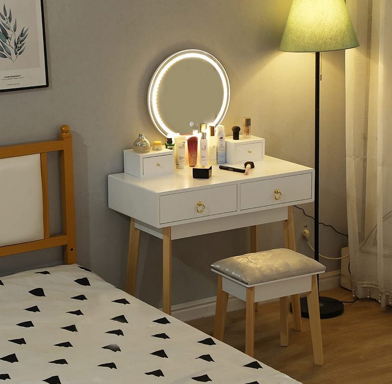 Dressing Table with Mirror LED Light Adjustanble Brightness Makeup Table Stool Set - British D'sire