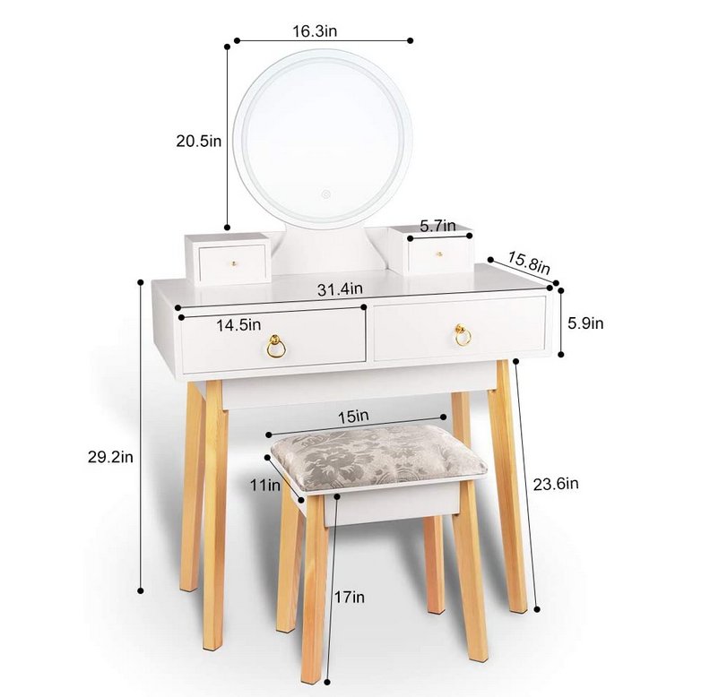 Dressing Table with Mirror LED Light Adjustanble Brightness Makeup Table Stool Set - British D'sire