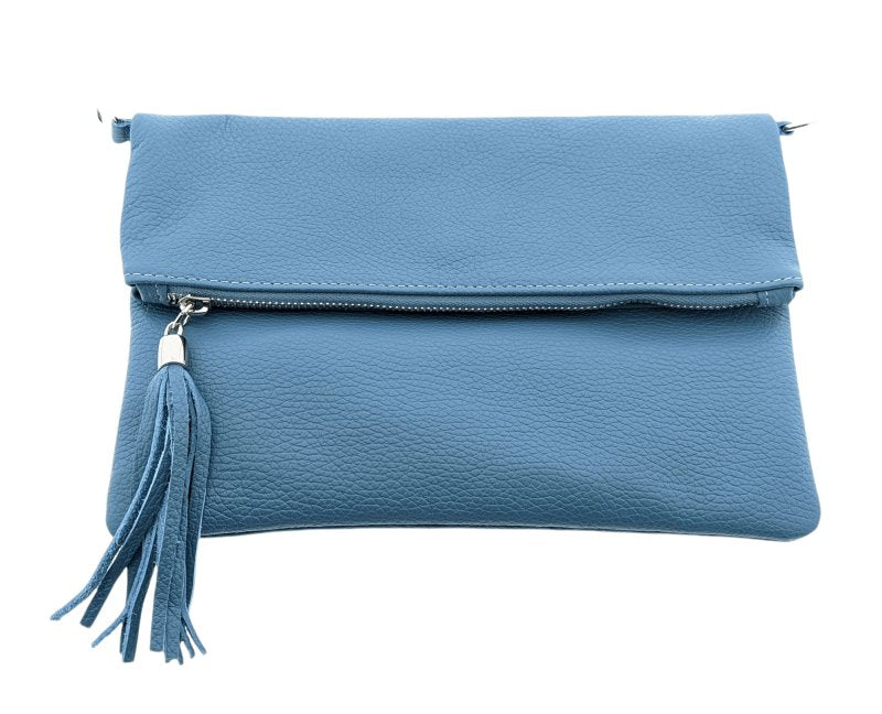 Dusty Blue Chiara Italian Designer Foldover Leather Clutch Cross Body - British D'sire