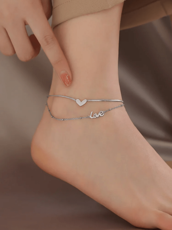 DY fashionable 18k gold plated titanium steel custom double layer heart name anklet for women - Women's Anklets - British D'sire