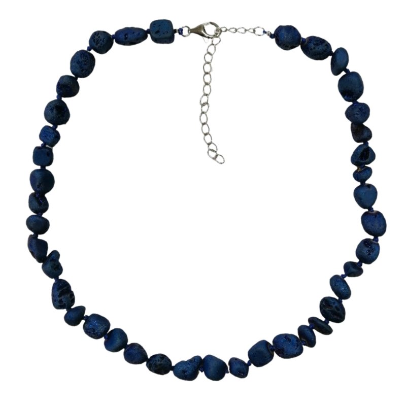 Dyed Blue Frosted Druzy Agate Knotted 18 inch Necklace set on a sterling silver base by Pearlz Gallery - Women's Necklaces & Pendants - British D'sire