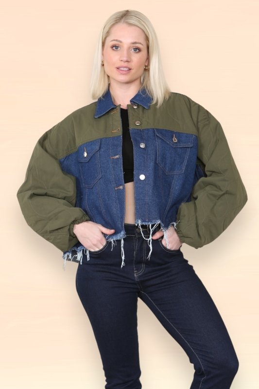 Elaina Fashion Women's Khaki & Denim Jacket Casual Short Jean Coat Color Block Lapel Button Down Ripped Hem Shirt Denim Regular Fit Shacket Streetwear - jacket - British D'sire