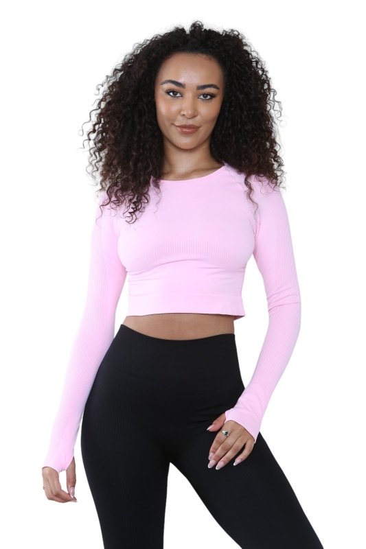 Elaina Fashion Women's Round Neck Tie - Dye Rib Seamless Slim Fit Long Sleeve Fitness Midriff, Thumb Hole Casual Sports Yoga Gym Workout Crop Top Activewear Sportswear - Crop Top - British D'sire