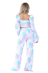 Elaina Fashion Women's Tie Dye Corset Full Sleeve Crop Top, High - Waist Wide Flared Leg Palazzo Trouser Pants 2 - Piece Set Casual Summer Club Party Street Wear Co - Ord Outfit - co ord set - British D'sire