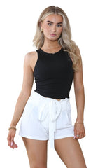 Elaina Fashion Women’s White High Waist Bow Knot Tie Up Belted Wide Leg Small Tailored Shorts Summer Casual Loose Shorts Pants Beach Streetwear Home wear - Shorts - British D'sire