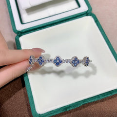 Elegant 5 Motif Blue Sapphire and CZ Bangle in Sterling Silver - Heated Sapphires - Perfect Jewelry for Women - 20 Blue Sapphires (3 mm) - Dimensions: 5.8 cm - Bracelets & Bangles - British D'sire