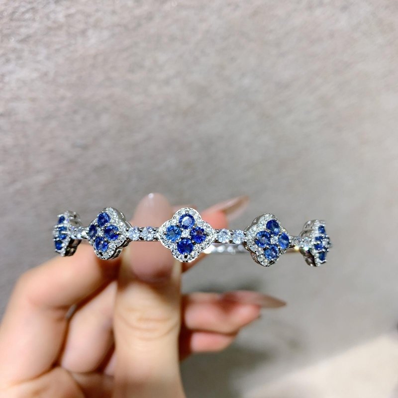 Elegant 5 Motif Blue Sapphire and CZ Bangle in Sterling Silver - Heated Sapphires - Perfect Jewelry for Women - 20 Blue Sapphires (3 mm) - Dimensions: 5.8 cm - Bracelets & Bangles - British D'sire