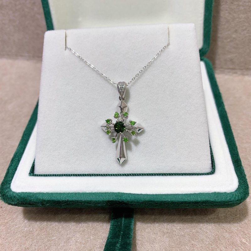 Elegant Green Diopside & CZ Cross Pendant in 925 Silver for Women - Enhance Your Look with Natural Gemstones - Pendants - British D'sire