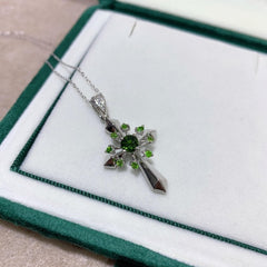 Elegant Green Diopside & CZ Cross Pendant in 925 Silver for Women - Enhance Your Look with Natural Gemstones - Pendants - British D'sire