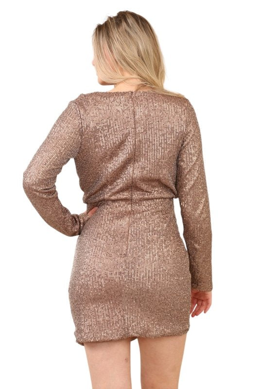 Elegant Long - Sleeve Heavy Sequin Mini Dress with Front Slit - Dresses - British D'sire