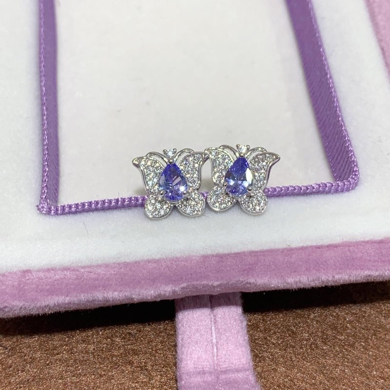 Elegant Natural Butterfly Stud Earrings with Pear - Shaped Tanzanite and CZ - 925 Silver - Perfect for Women - 4x6 mm Tanzanite from Tanzania - Heated Treatment - Dimensions: 1x1 cm - Earnings - British D'sire