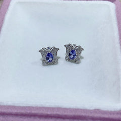 Elegant Natural Butterfly Stud Earrings with Pear - Shaped Tanzanite and CZ - 925 Silver - Perfect for Women - 4x6 mm Tanzanite from Tanzania - Heated Treatment - Dimensions: 1x1 cm - Earnings - British D'sire