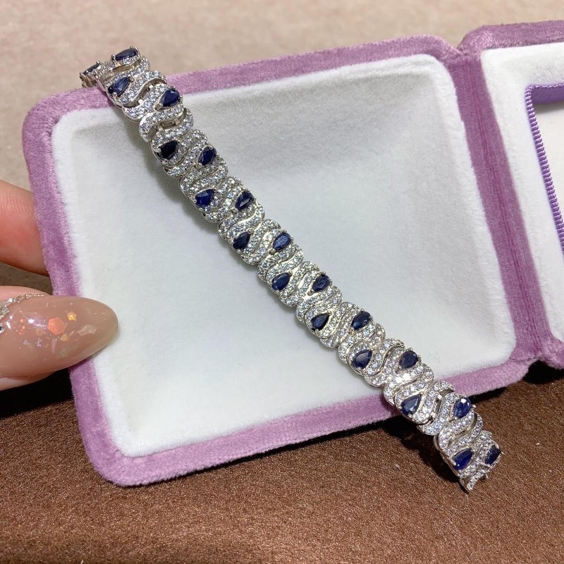 Elegant Natural Heated Pear - Shaped Blue Sapphire and CZ Bracelet in 925 Silver - Stunning Jewelry for Women - 21 Blue Sapphires (3x5 mm) - Adjustable 7.5 Inch - Bracelet - British D'sire