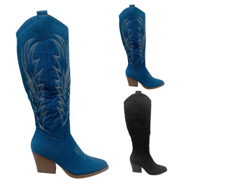 Embroidered Denim Knee High Cowboy Boots - Boots - British D'sire