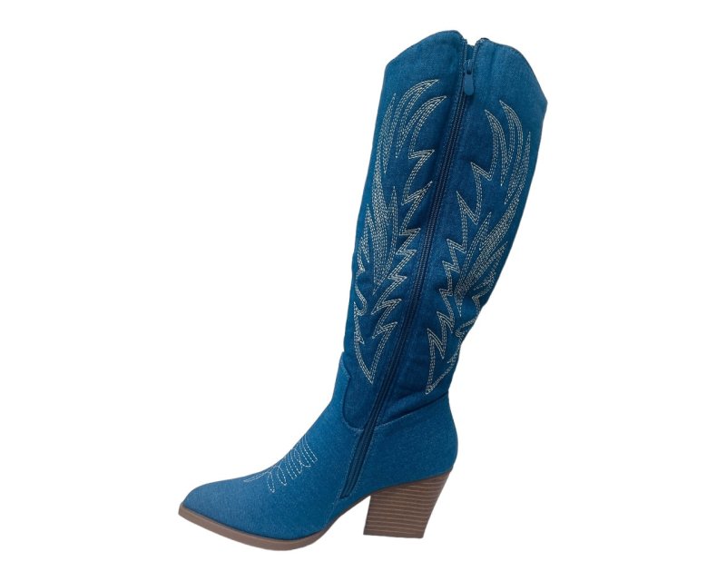 Embroidered Denim Knee High Cowboy Boots - Boots - British D'sire