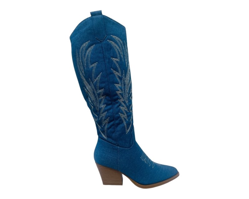 Embroidered Denim Knee High Cowboy Boots - Boots - British D'sire