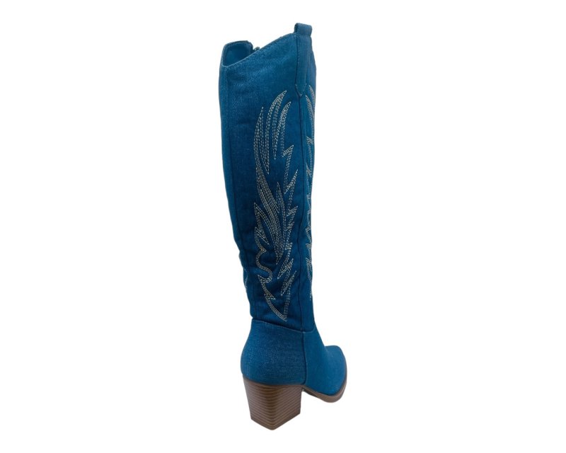 Embroidered Denim Knee High Cowboy Boots - Boots - British D'sire