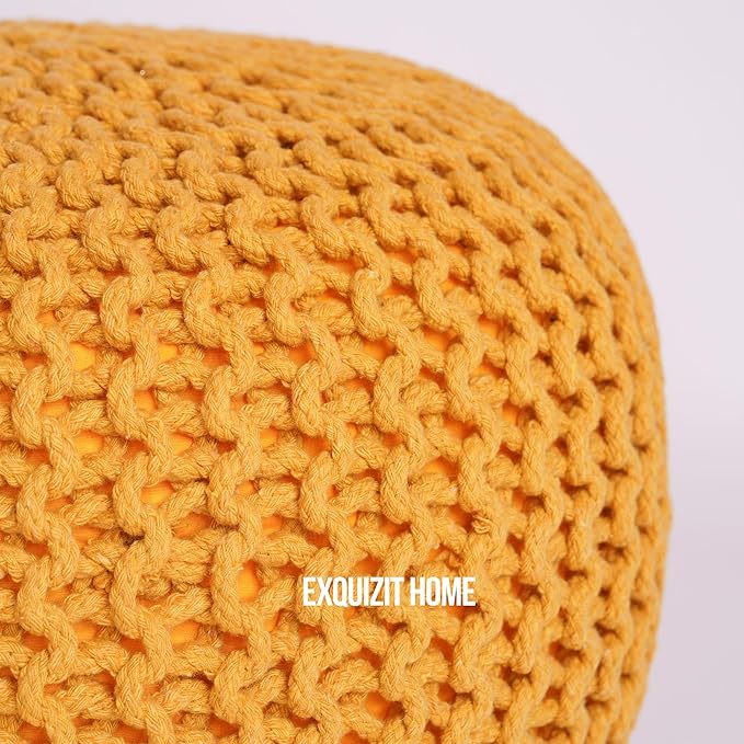 EXQUIZIT HOME Knitted Round Pouffe Foot Stool Ottoman Large 100% Cotton Chunky Moroccan 50cm Pouf COLOUR MUSTARD - Ottomans - British D'sire