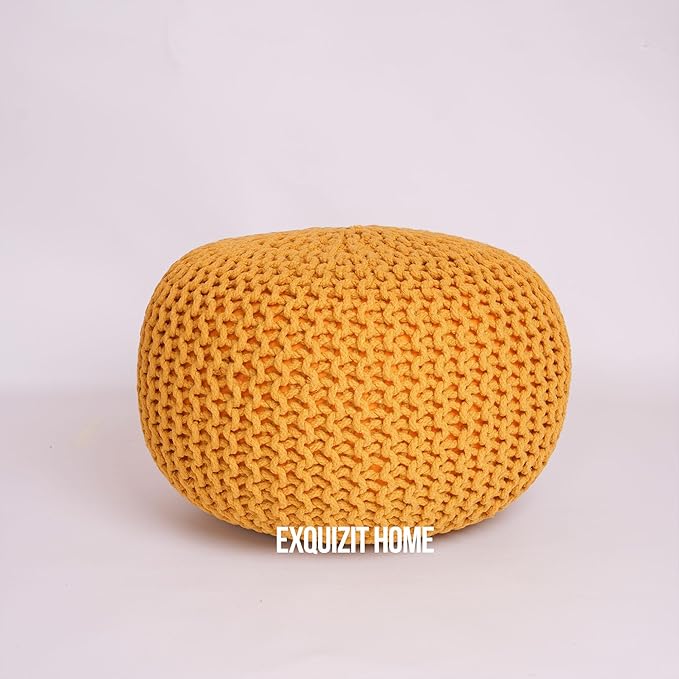 EXQUIZIT HOME Knitted Round Pouffe Foot Stool Ottoman Large 100% Cotton Chunky Moroccan 50cm Pouf COLOUR MUSTARD - Ottomans - British D'sire