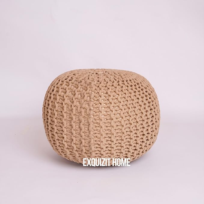 EXQUIZIT HOME Knitted Round Pouffe Foot Stool Ottoman Large 100% Cotton Chunky Moroccan 50cm Pouf COLOUR MUSTARD - Ottomans - British D'sire