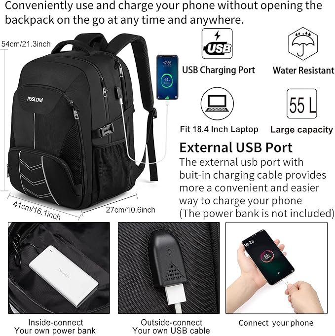 Extra Large Backpack 55L,18.4 Inch Travel Laptop Work Bag with USB Charging Port Big Business Flight Approved TSA Heavy Duty Computer Rucksack 18.4 Inches - Bags & Accessories - British D'sire