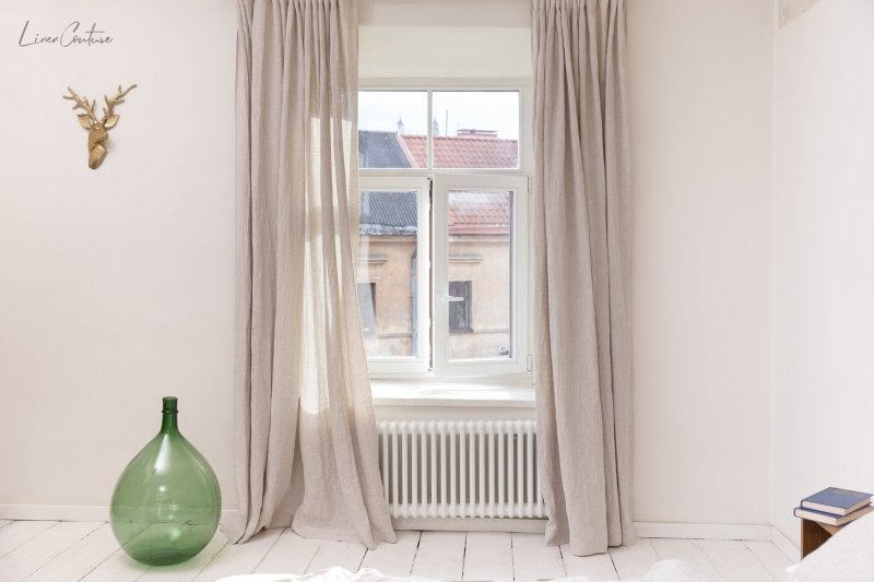 Extra Wide Natural Light Linen Curtain Panel with heading tape - Heading Tape - British D'sire