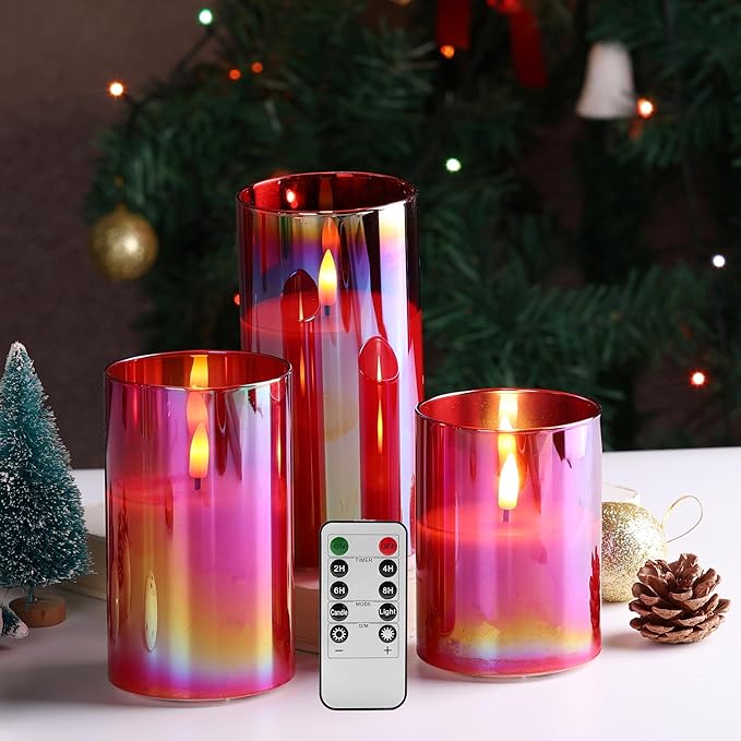 Eywamage Silver Grey Glass Flameless Flickering Candles with Remote, 3 Pack Realistic LED Fake Candles ∅ 3" H 4" 5" 6" [Energy Class A+++] - Home Decor - British D'sire