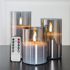 Eywamage Silver Grey Glass Flameless Flickering Candles with Remote, 3 Pack Realistic LED Fake Candles ∅ 3" H 4" 5" 6" [Energy Class A+++] - Home Decor - British D'sire