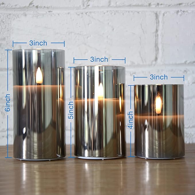 Eywamage Silver Grey Glass Flameless Flickering Candles with Remote, 3 Pack Realistic LED Fake Candles ∅ 3" H 4" 5" 6" [Energy Class A+++] - Home Decor - British D'sire