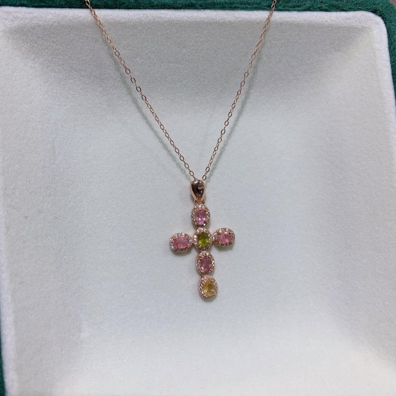 Faceted Oval Shape Natural Pink, Green, and Yellow Tourmaline Cross Pendant for Women - Elegant Gemstone Jewelry for Every Occasion - Pendants - British D'sire