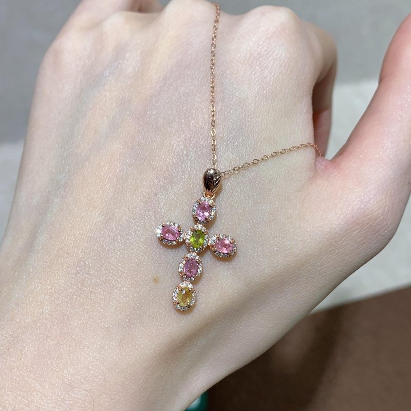 Faceted Oval Shape Natural Pink, Green, and Yellow Tourmaline Cross Pendant for Women - Elegant Gemstone Jewelry for Every Occasion - Pendants - British D'sire