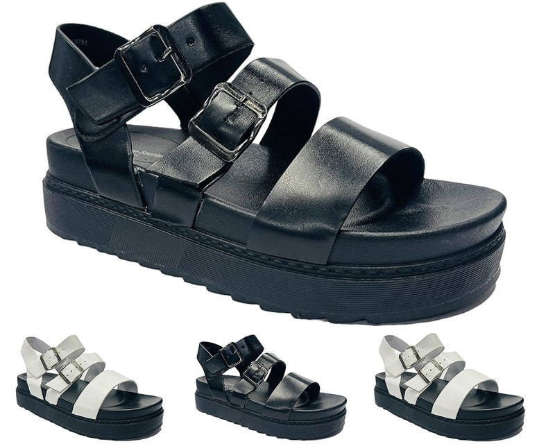 Faux Leather Double Buckle Chunky Sole Gladiator Sandals - Sandals - British D'sire