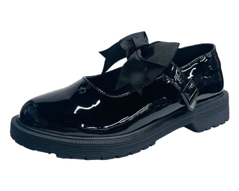 Faux Patent Leather Buckle Bow Flat Shoes - Shoes - British D'sire