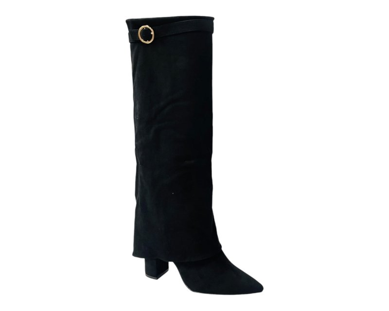 Faux Suede Knee High Fold Over Block Heel Boots - Boots - British D'sire