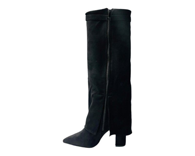 Faux Suede Knee High Fold Over Block Heel Boots - Boots - British D'sire