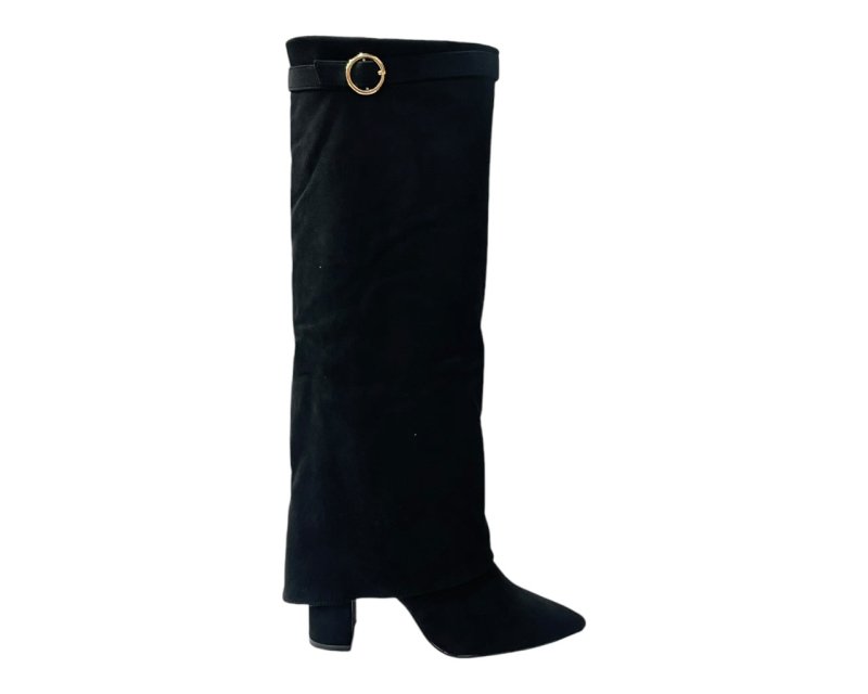 Faux Suede Knee High Fold Over Block Heel Boots - Boots - British D'sire