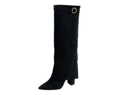 Faux Suede Knee High Fold Over Block Heel Boots - Boots - British D'sire