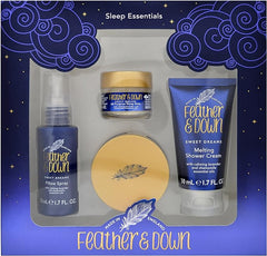 Feather & Down Sweet Dream Sleep Essentials Gift Set (50ml Pillow Spray, 50ml Melting Shower Cream, 16g All-Purpose Sleep Balm & 50ml Sleep Butter) - Cruelty Free & Vegan Friendly. - British D'sire