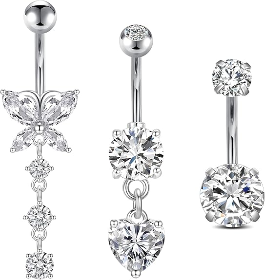 FECTAS 3pcs Belly Button Bars Silver Gold Belly Bar Surgical Steel 14G Navel Bars Belly Button Piercing Jewellery Butterfly Dangle - Body Jewellery - British D'sire