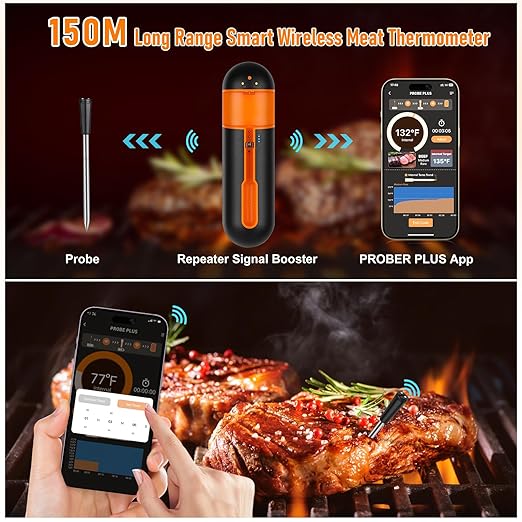 fezori Wireless Meat Thermometer, Barbecue Thermometer, 150m Range Wireless Bluetooth Meat Thermometer for BBQ, Oven, Rotisserie, Smoker, Air Fryer Cooking, Bluetooth Connection Smart APP Control - British D'sire