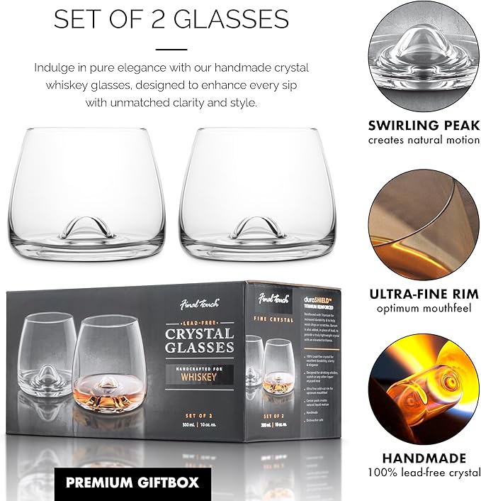 Final Touch 100% Lead - Free Crystal Whisky Glasses, Whiskey Glasses, Made with DuraSHIELD Titanium Reinforced for Increased Durability, High 9 cm, 300 ml, Pack of 2 - Glasswares & Drinkwares - British D'sire