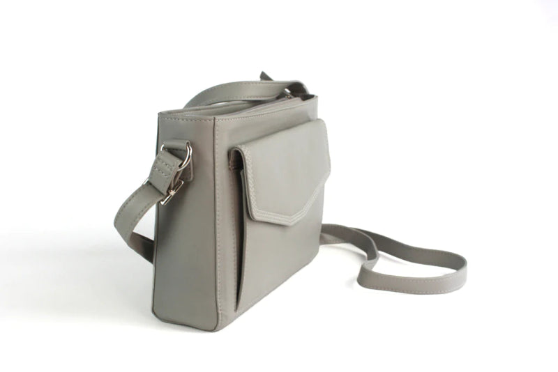 Finest Soft Leather Cross Body Handbag with Front and Rear Pocket Detailing - Pale Grey - British D'sire