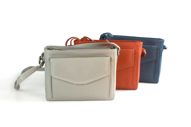 Finest Soft Leather Cross Body Handbag with Front and Rear Pocket Detailing - Pale Grey - British D'sire