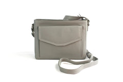 Finest Soft Leather Cross Body Handbag with Front and Rear Pocket Detailing - Pale Grey - British D'sire